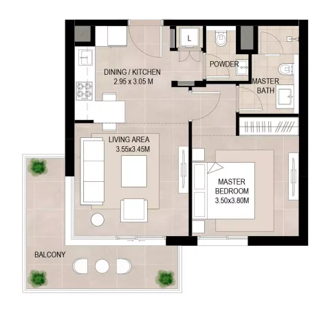 Floor plan, 1 Bed, 672 sq ft