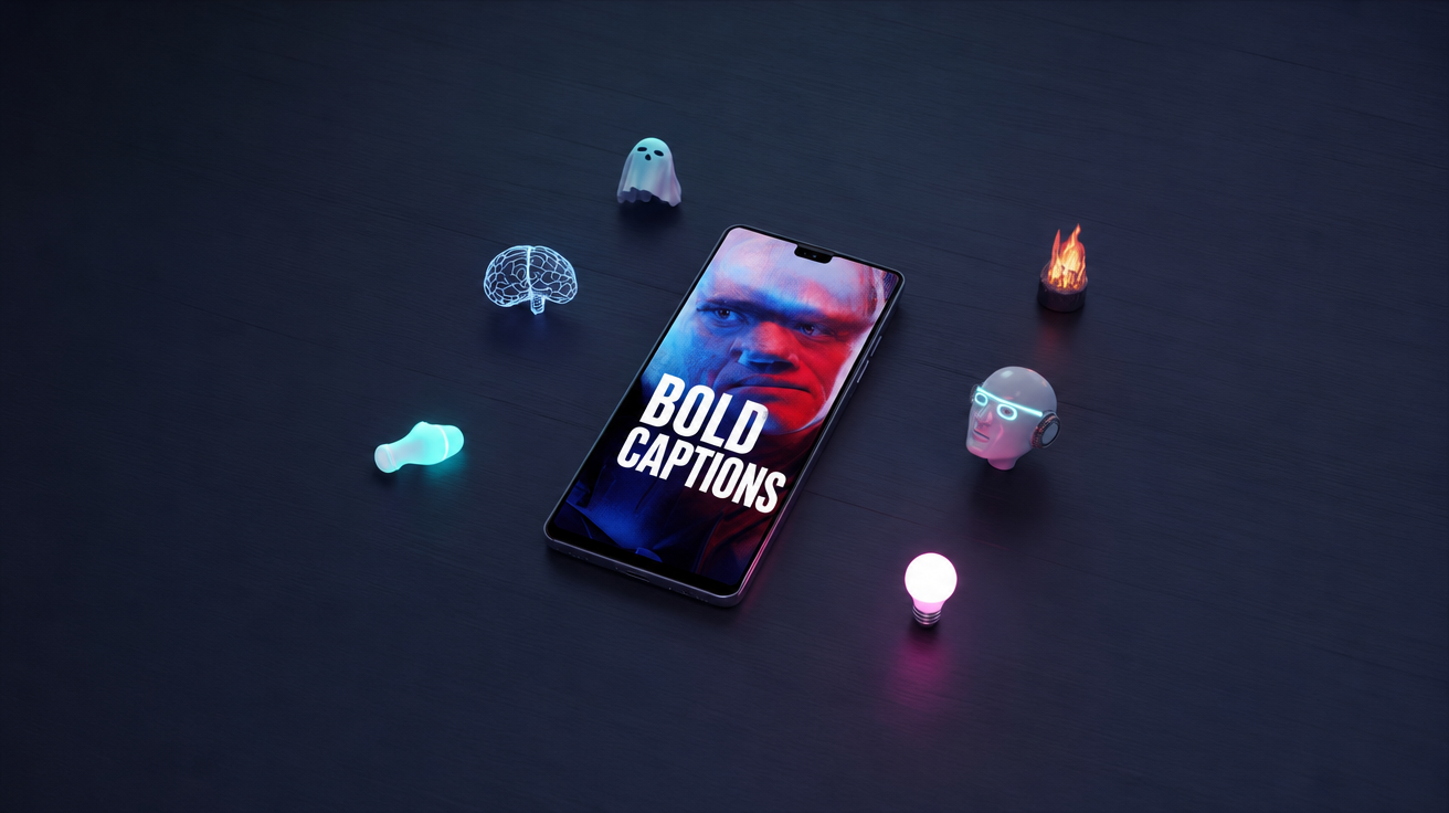 Faceless YouTube channel ideas — a phone showing bold captions surrounded by niche icons