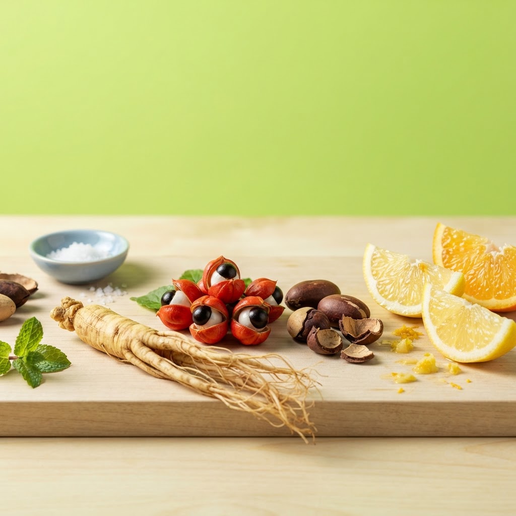 Racine de ginseng, graines de guarana et noix de kola