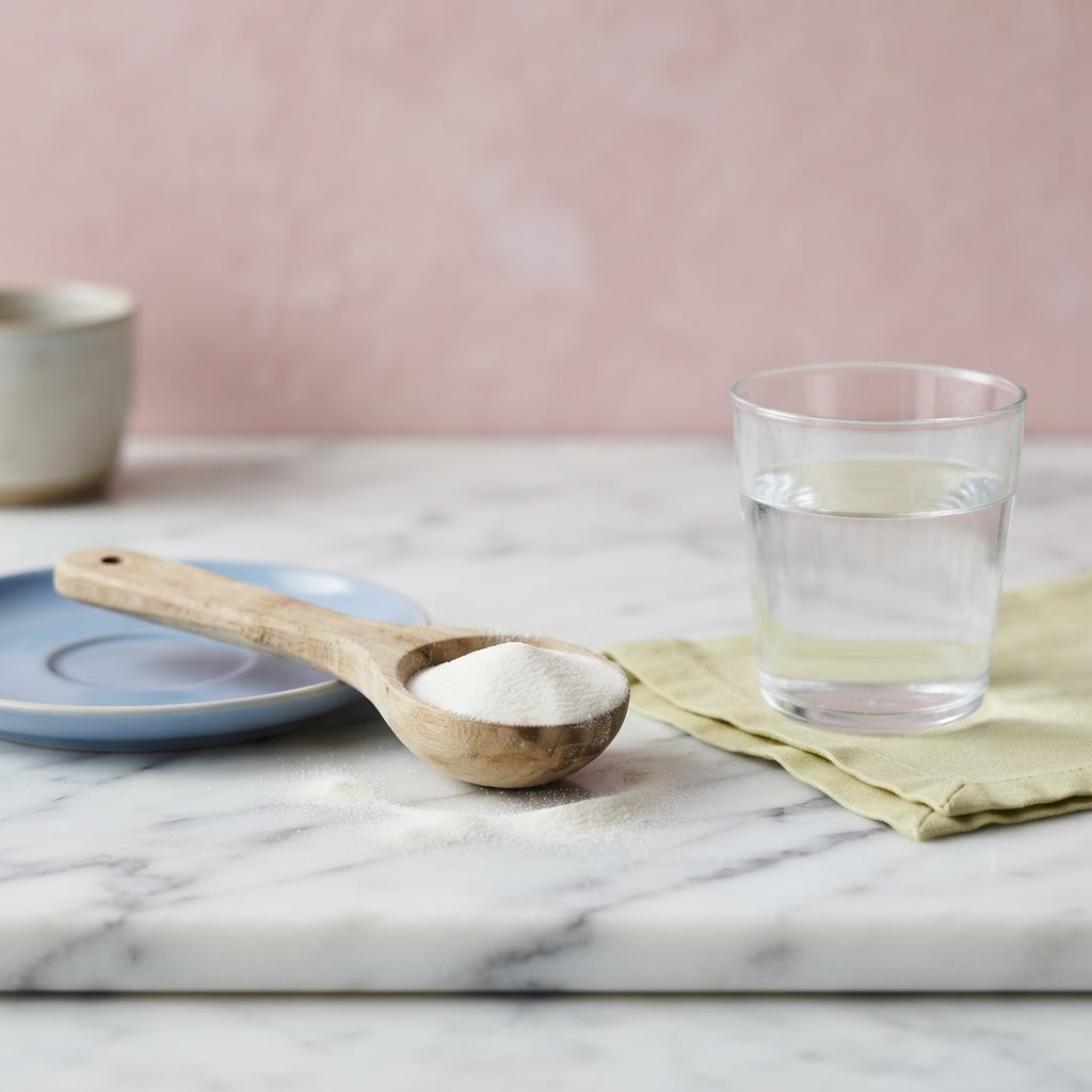 Poudre de L-glutamine dans une cuillère doseuse