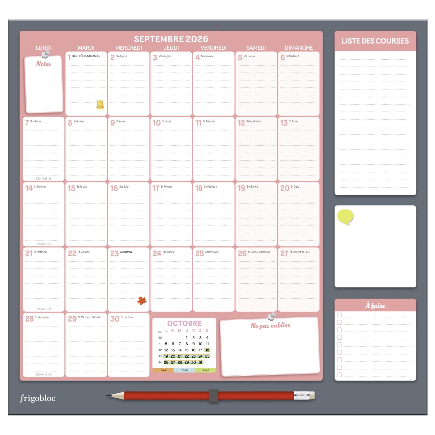 Frigobloc Mensuel 2027 - Calendrier organiseur familial (de sept. 2026 à déc. 2027)