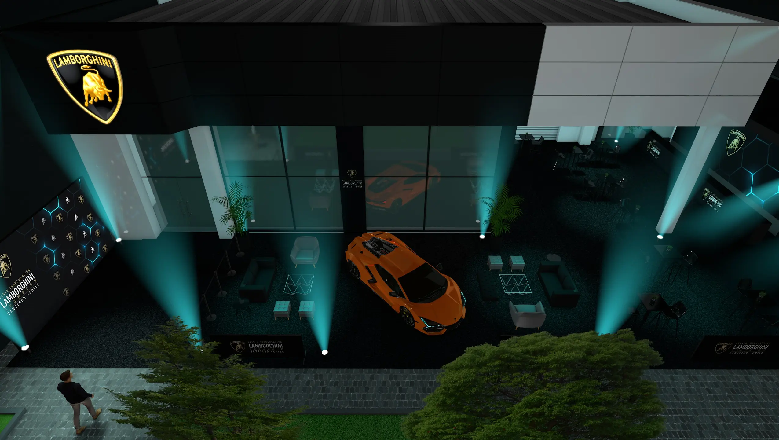 Render 3D de evento automotriz diseñado por Austral Creativo