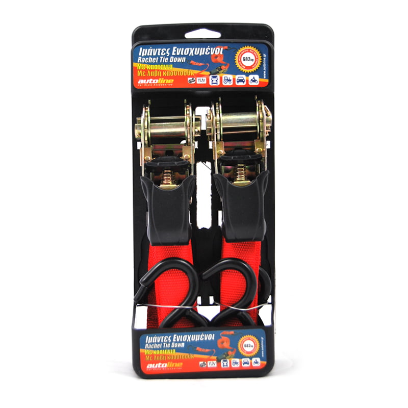 Ιμάντες Καστάνια 3m 862kg & Γάντζους Κόκκινοι 2τμχ