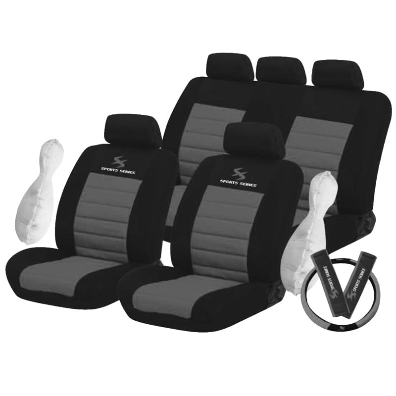 Καλύμματα ΣΕΤ Universal με Αποσπώμενο Κεφαλάρι (Ύφασμα) SPORT SERIES 12 τμχ Διαιρούμενα + Καλύμματα Ζωνών και Τιμονιού - ΜΑΥΡΟ/ΓΚΡΙ