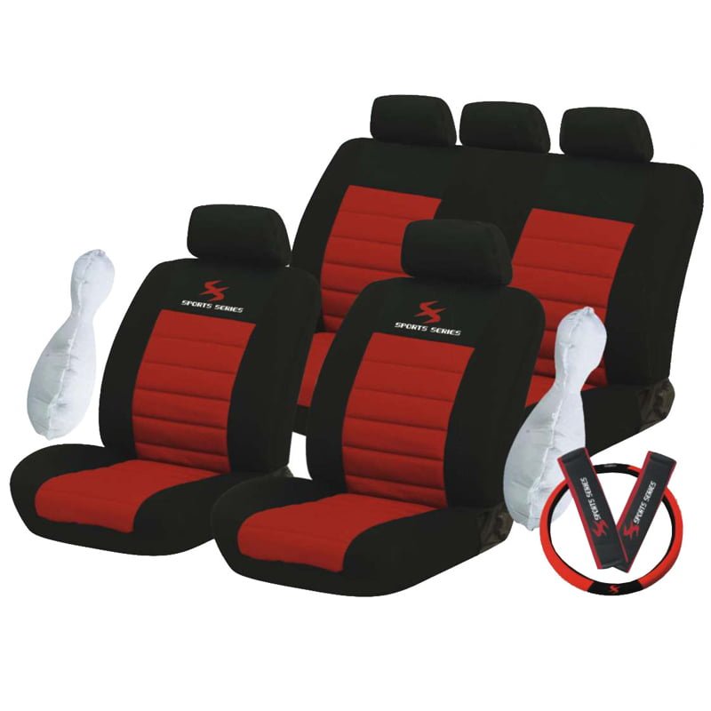 Καλύμματα ΣΕΤ Universal με Αποσπώμενο Κεφαλάρι (Ύφασμα) SPORT SERIES 12 τμχ Διαιρούμενα + Καλύμματα Ζωνών και Τιμονιού - ΜΑΥΡΟ/ΚΟΚΚΙΝΟ