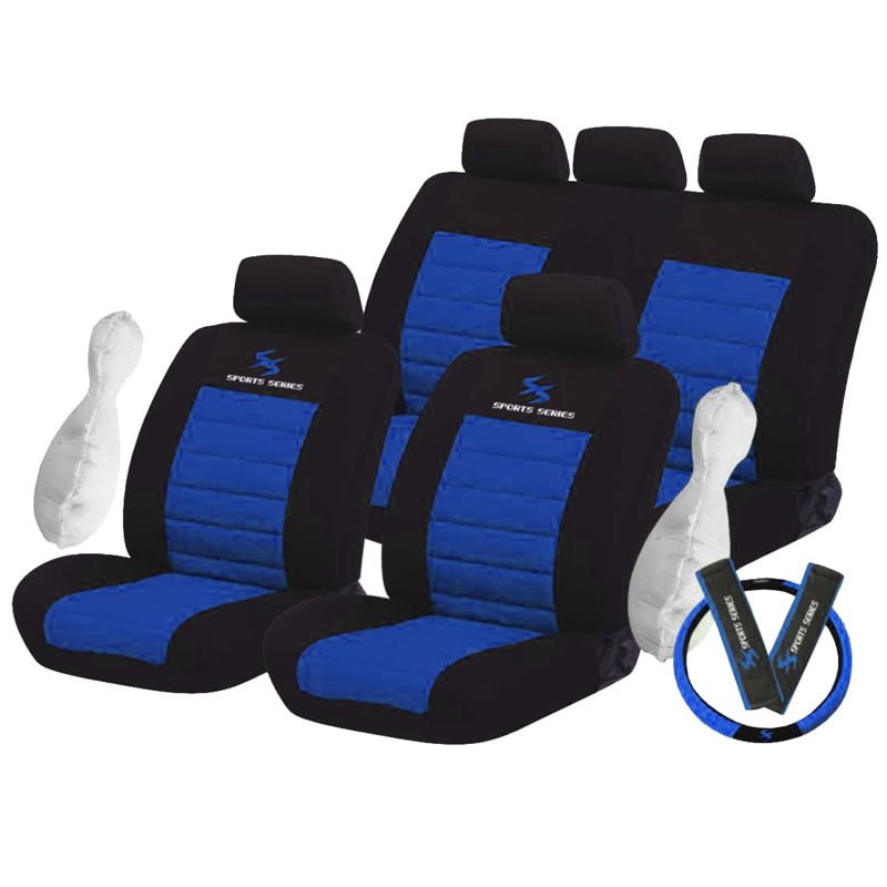 Καλύμματα ΣΕΤ Universal με Αποσπώμενο Κεφαλάρι (Ύφασμα) SPORT SERIES 12 τμχ Διαιρούμενα + Καλύμματα Ζωνών και Τιμονιού - ΜΑΥΡΟ/ΜΠΛΕ