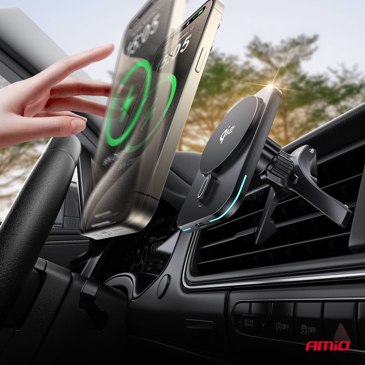 Amio - ΒΑΣΗ ΣΤΗΡΙΞΗΣ ΚΙΝΗΤΟΥ ΓΙΑ ΑΕΡΑΓΩΓΟ ΜΑΓΝΗΤΙΚΗ ΜΕ ΑΣΥΡΜΑΤΗ ΦΟΡΤΙΣΗ QUICK CHARGE QI2 15W 360° - 1 Τεμ. (04180/AM)
