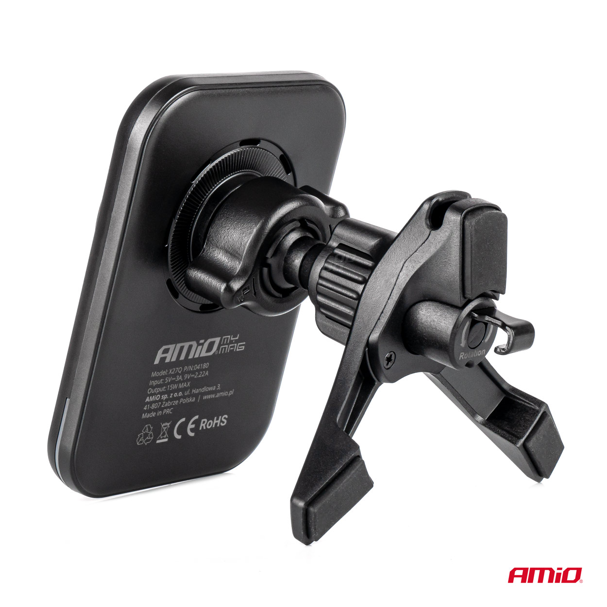 Amio - ΒΑΣΗ ΣΤΗΡΙΞΗΣ ΚΙΝΗΤΟΥ ΓΙΑ ΑΕΡΑΓΩΓΟ ΜΑΓΝΗΤΙΚΗ ΜΕ ΑΣΥΡΜΑΤΗ ΦΟΡΤΙΣΗ QUICK CHARGE QI2 15W 360° - 1 Τεμ. (04180/AM)