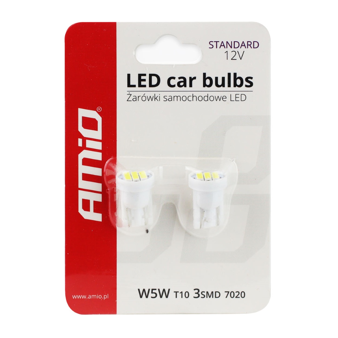 Amio - Λαμπάκια LED 3SMD 7020 τύπου T10 βάση W5W W2.1x9.5d τάση λειτουργίας 12V απόδοσης 0.4W χρώμα λευκό για Επιβατικά Αυτοκίνητα - 2 τεμ. (01096/AM)
