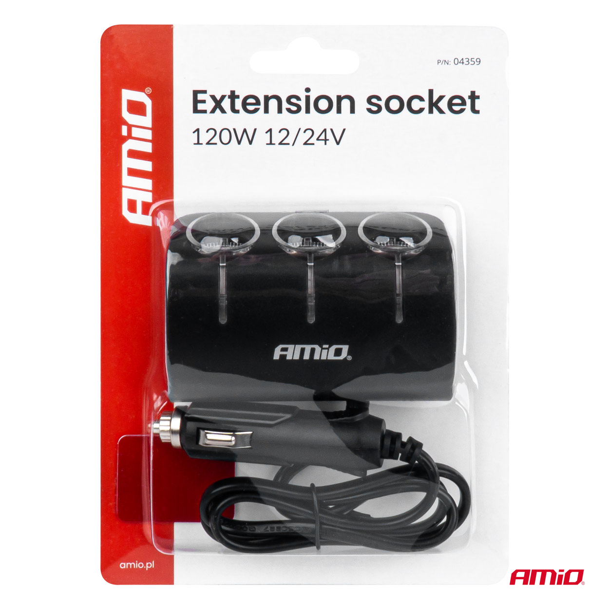 Amio - ΑΝΤΑΠΤΟΡΑΣ ΑΝΑΠΤΗΡΑ 12/24V 120W ΜΑΥΡΟΣ/3 ΘΕΣΕΙΣ/ΚΑΛΩΔΙΟ 80cm - 1 Τεμ. (04359/AM)