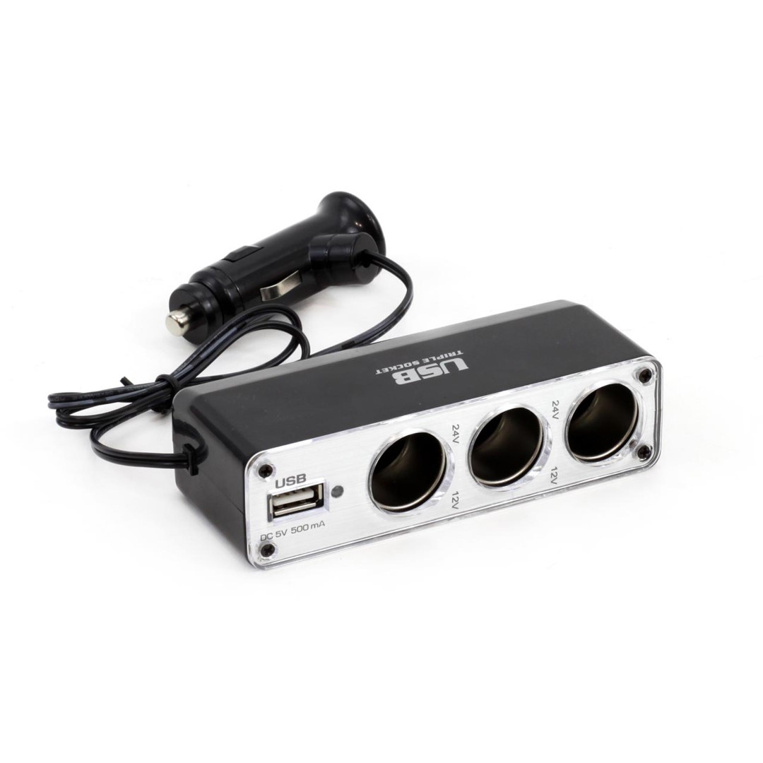 Αντάπτορας Αναπτήρα AMiO Τριπλός Με 1 USB 500mA Και Καλώδιο 30cm (12V / 24V / 2A Max)