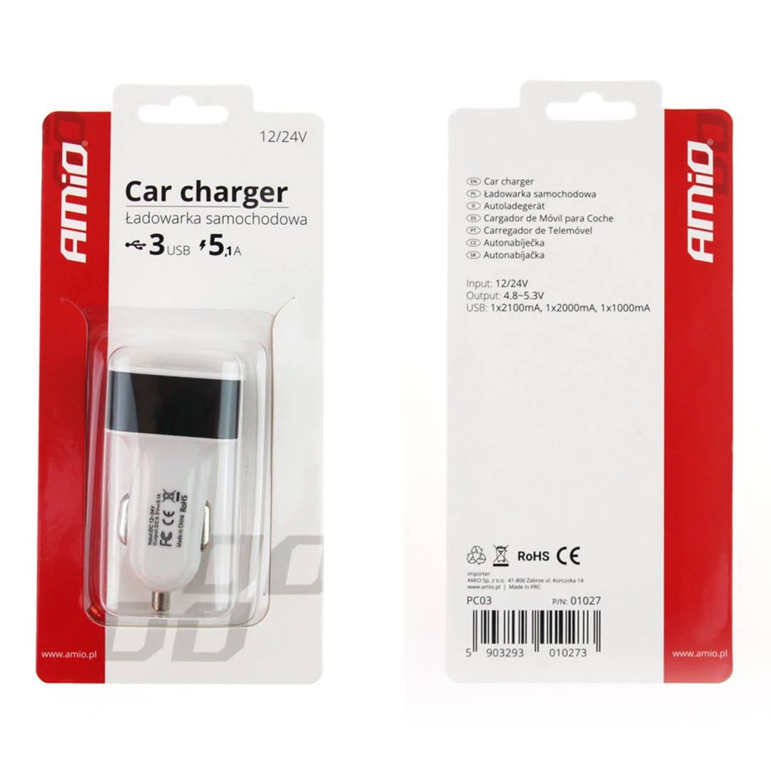 Φορτιστής Αναπτήρα AMiO Με 3 Θύρες USB 12V / 24V / 5100mA (1Α, 2Α, 2.1Α)