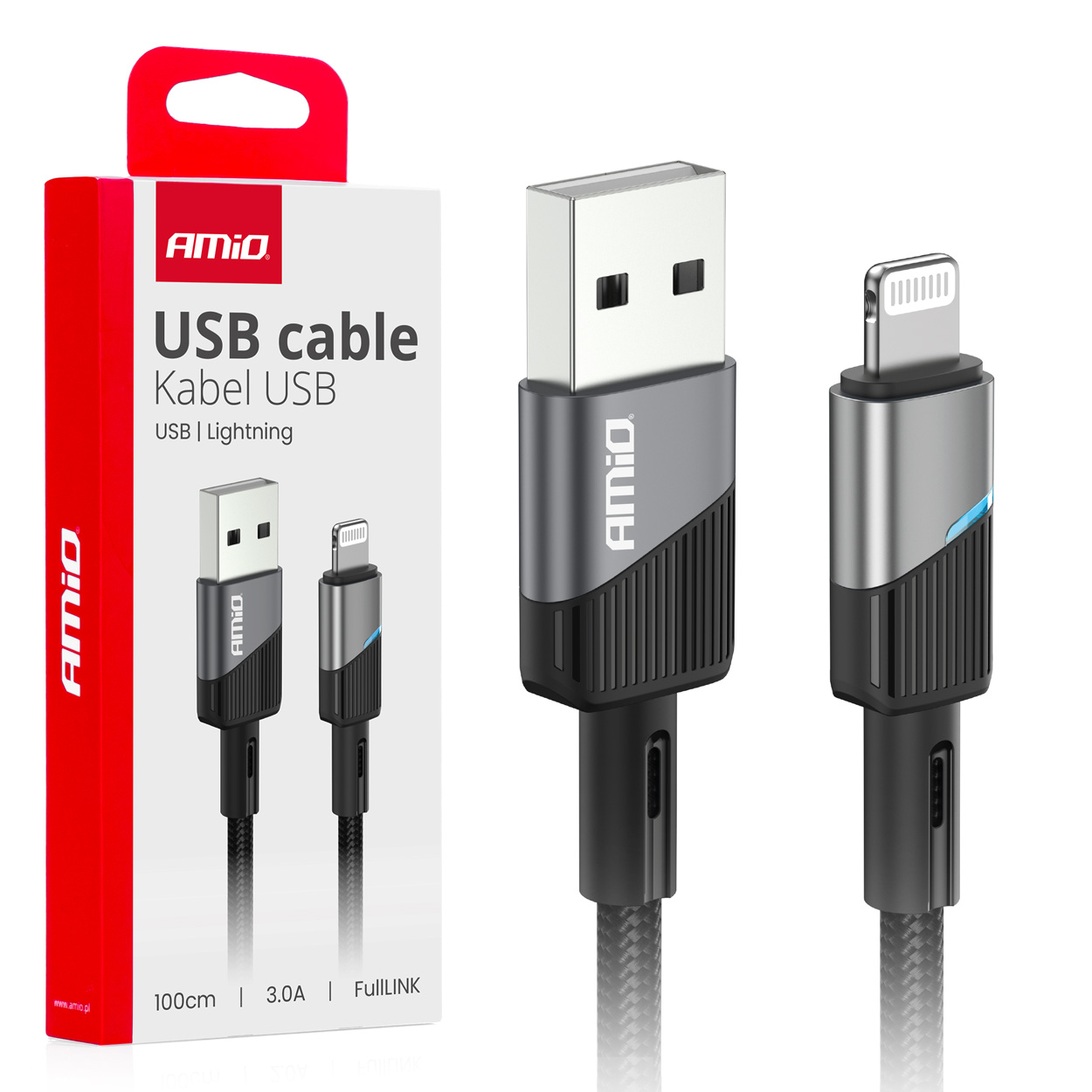 Καλώδιο Φόρτισης & Μεταφοράς Δεδομένων AMiO USB Type A Σε Apple Lightning Με LED 3A (100cm)
