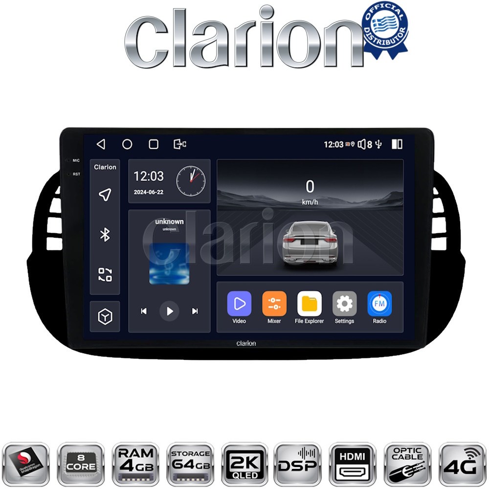 CLARION GL74315B Οθόνη OEM Multimedia Αυτοκινήτου για Fiat 500 2007 > 2016 (CarPlay/AndroidAuto/BT/GPS/WIFI/GPRS)