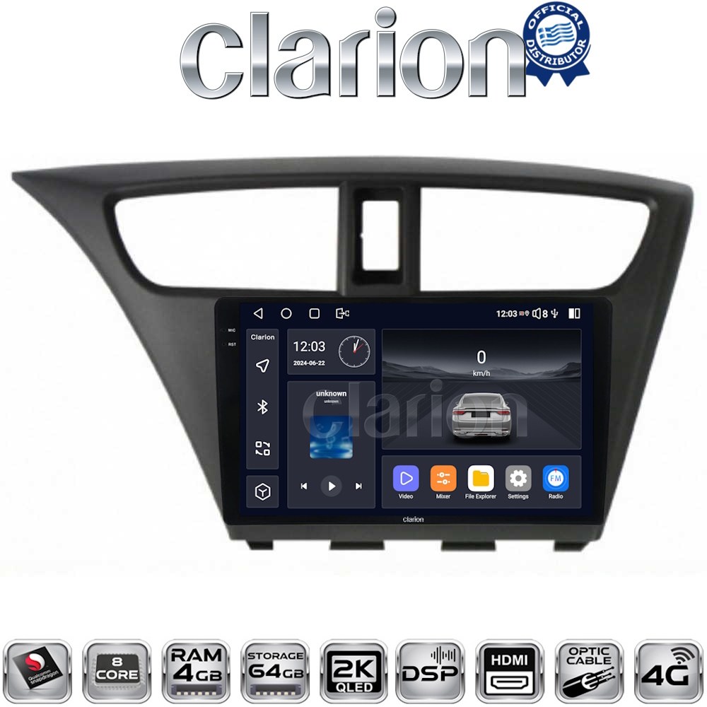 CLARION GL74389 Οθόνη OEM Multimedia Αυτοκινήτου για Honda Civic 2012 > 2016 (CarPlay/AndroidAuto/BT/GPS/WIFI/GPRS)