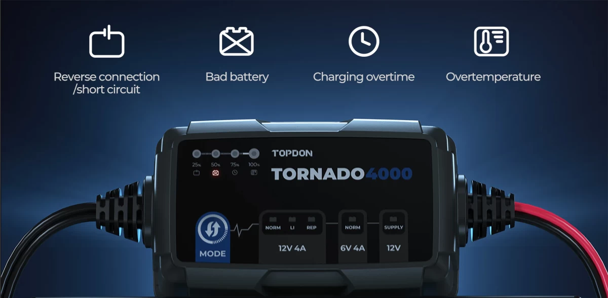 Έξυπνος Φορτιστής & Συντηρητής Μπαταρίας TOPDON TORNADO 4000 (6V - 12V / 4A)