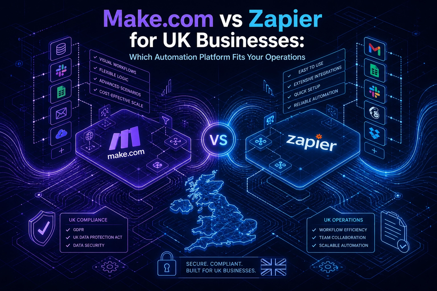Professional header image for comparison analysis: Make.com vs Zapier for UK Businesses: Which Automation Pl...