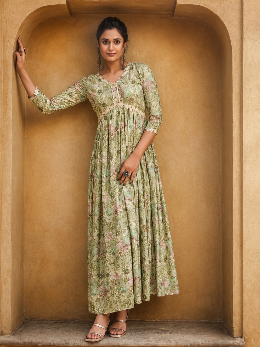 Graceful Sage Green Floral Block Print Dress