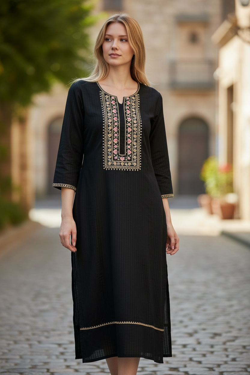 Elegant Black Embroidered Cotton Kurta Dress