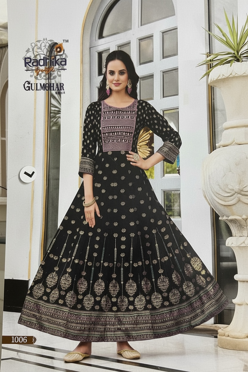 Majestic Black Anarkali: Pink & Gold Print Gown