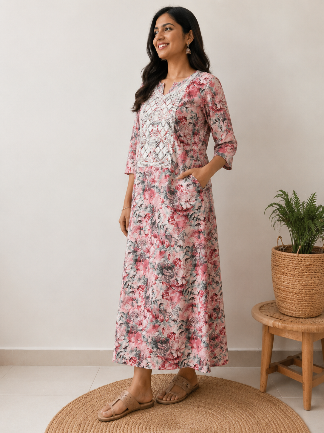 Blush Floral Printed Cotton Long Kurta