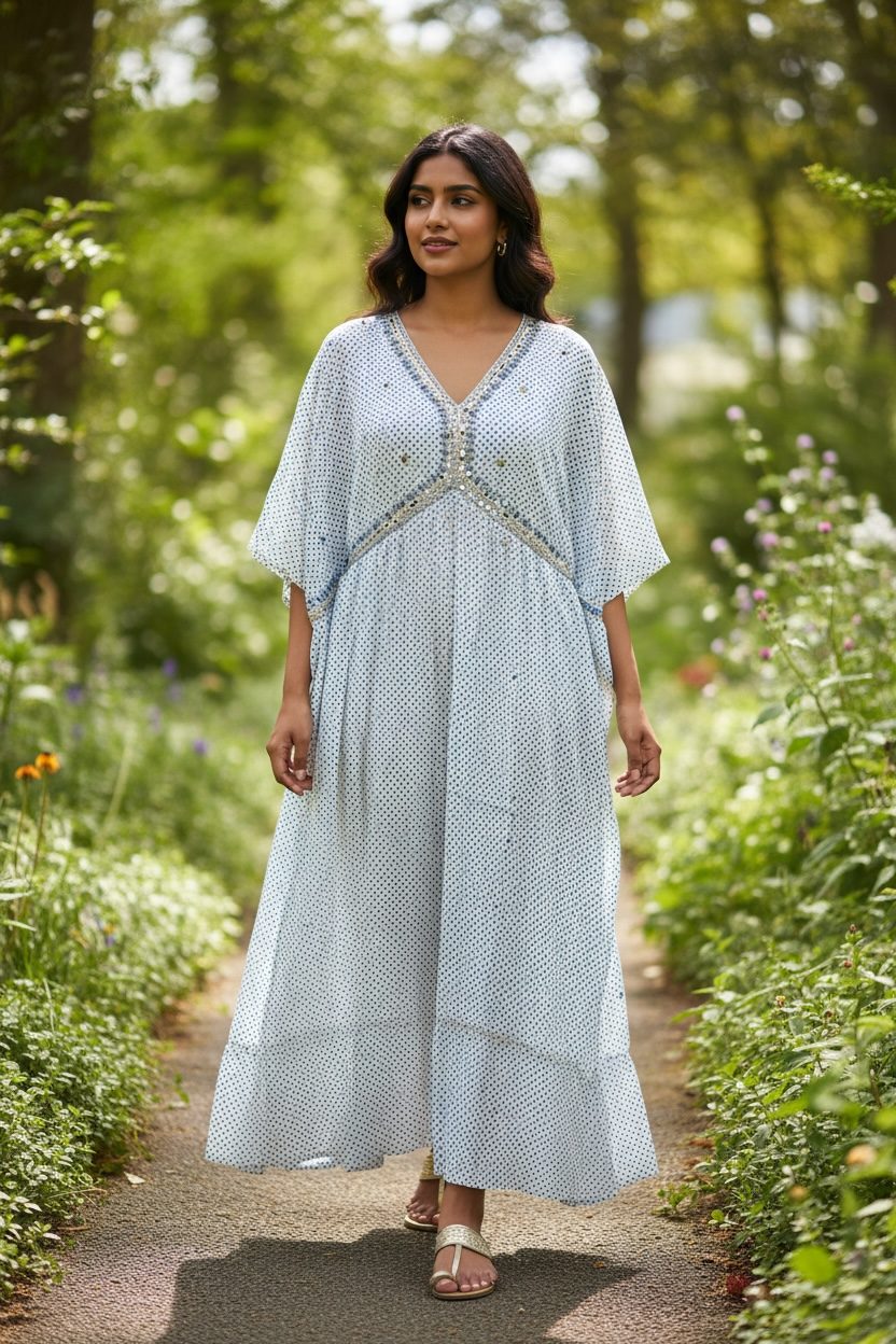 Serene Blue Embroidered Kaftan Maxi Dress