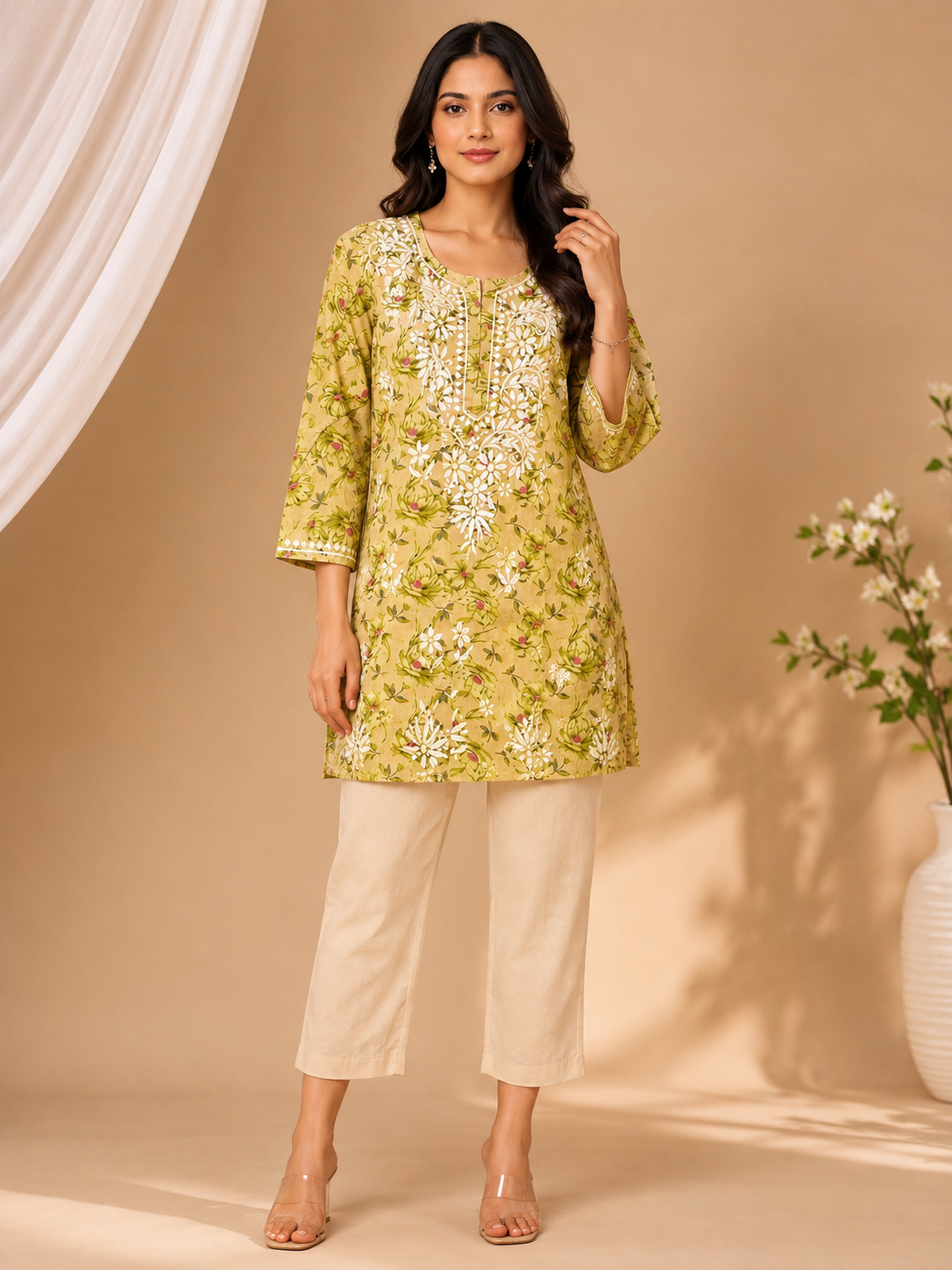 Lime Green Floral Chikankari Kurta Set