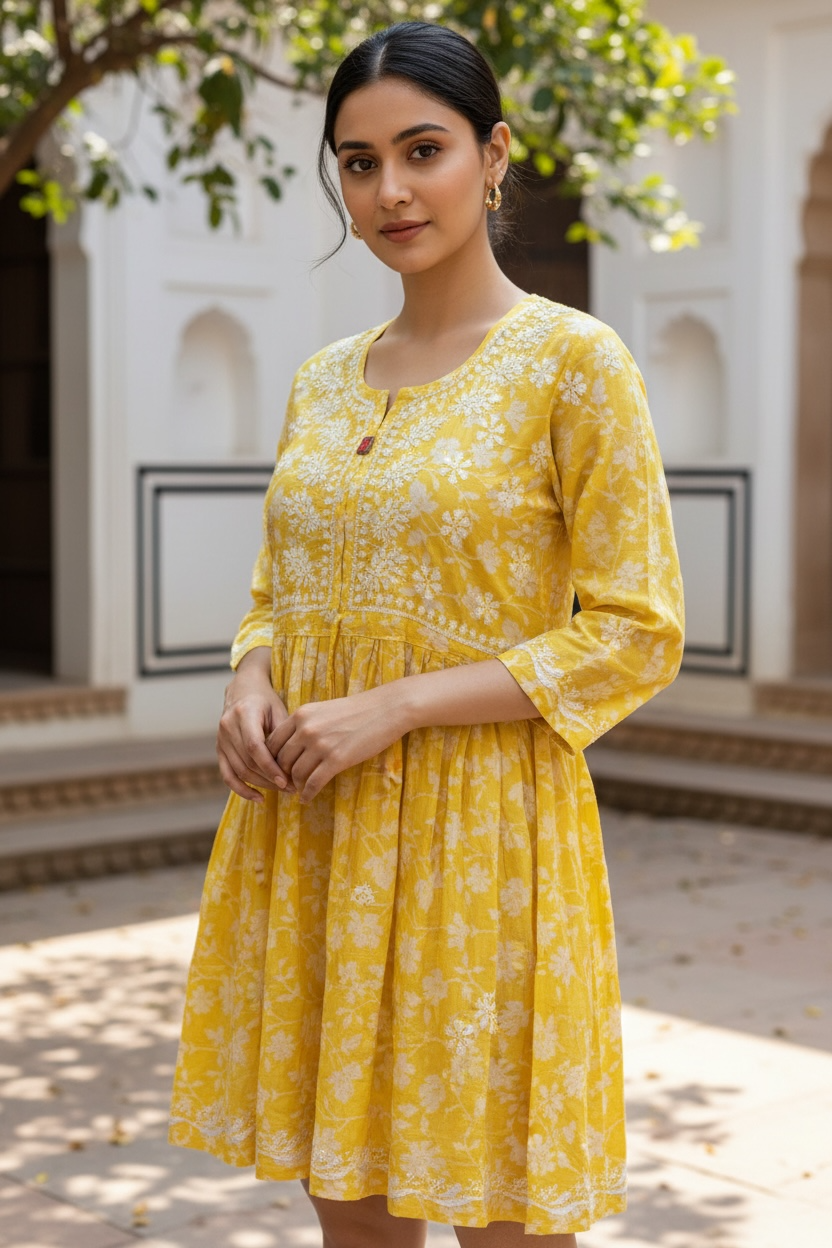 Charming Sunshine Yellow Embroidered Cotton Dress