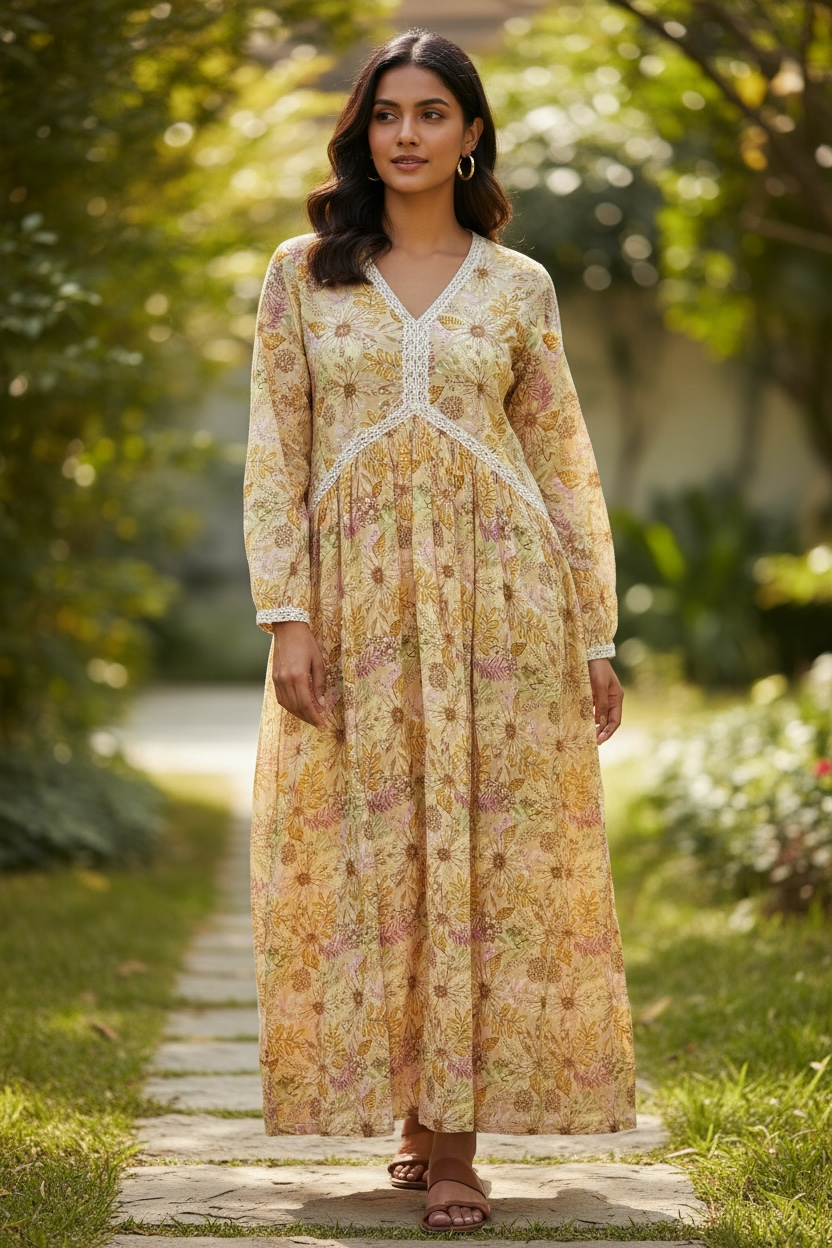 Sunshine Meadow Floral Gathered Maxi Dress