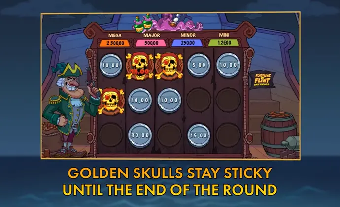 calaveras-doradas-pegajosas-y-botes-Mega-Major-Minor-Mini-del-bonus-Hold-and-Win-Fortune-of-Flint-Back-for-Gold-de-GameBeat