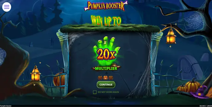 Pumpkin Booster, pantalla de introducción, mano zombi, multiplicador x20, win up to
