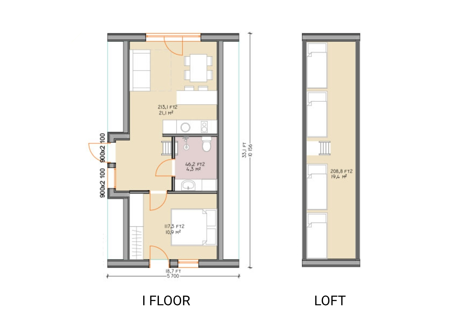 Example floorplans of the Duo 100, first floor and loft