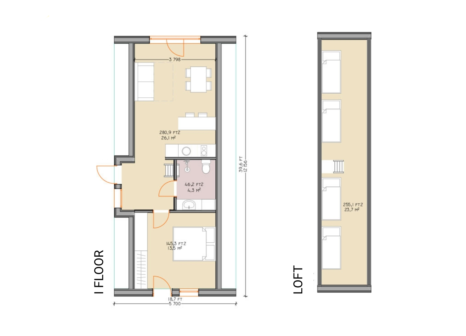 Example floorplans of the Duo 120, first floor and loft
