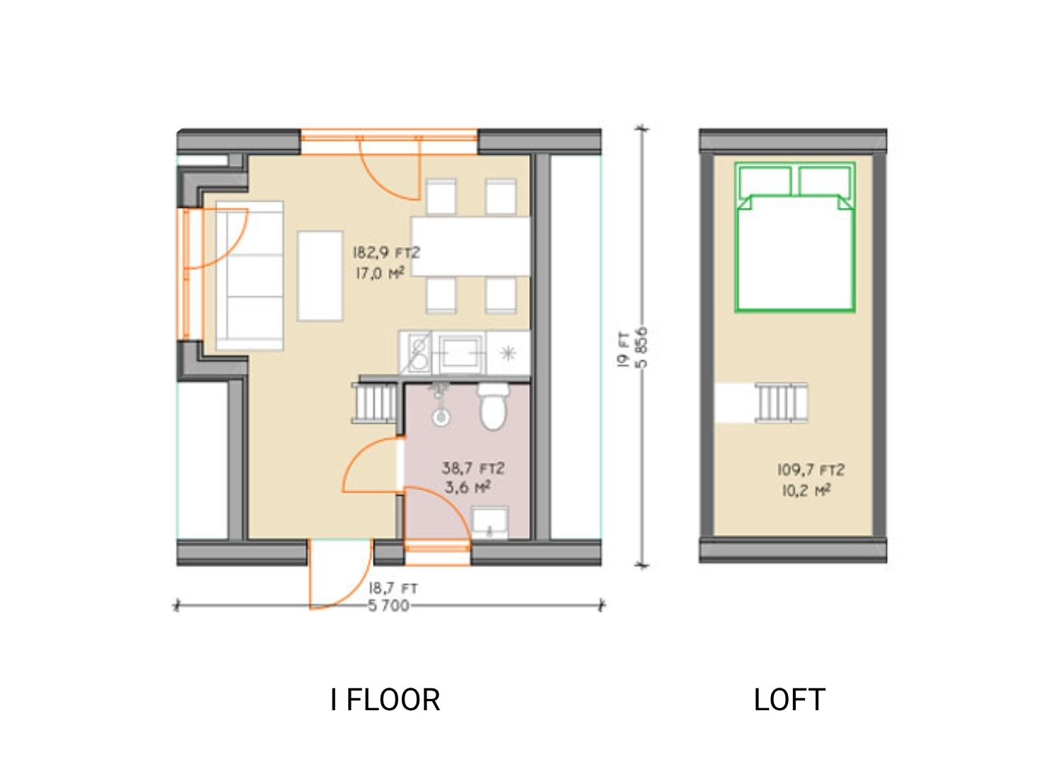 Example floorplans of the Duo 57, first floor and loft