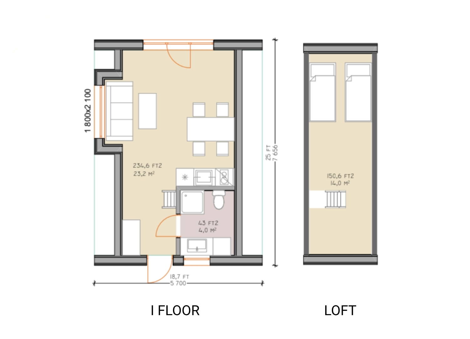 Example floorplans of the Duo 75, first floor and loft