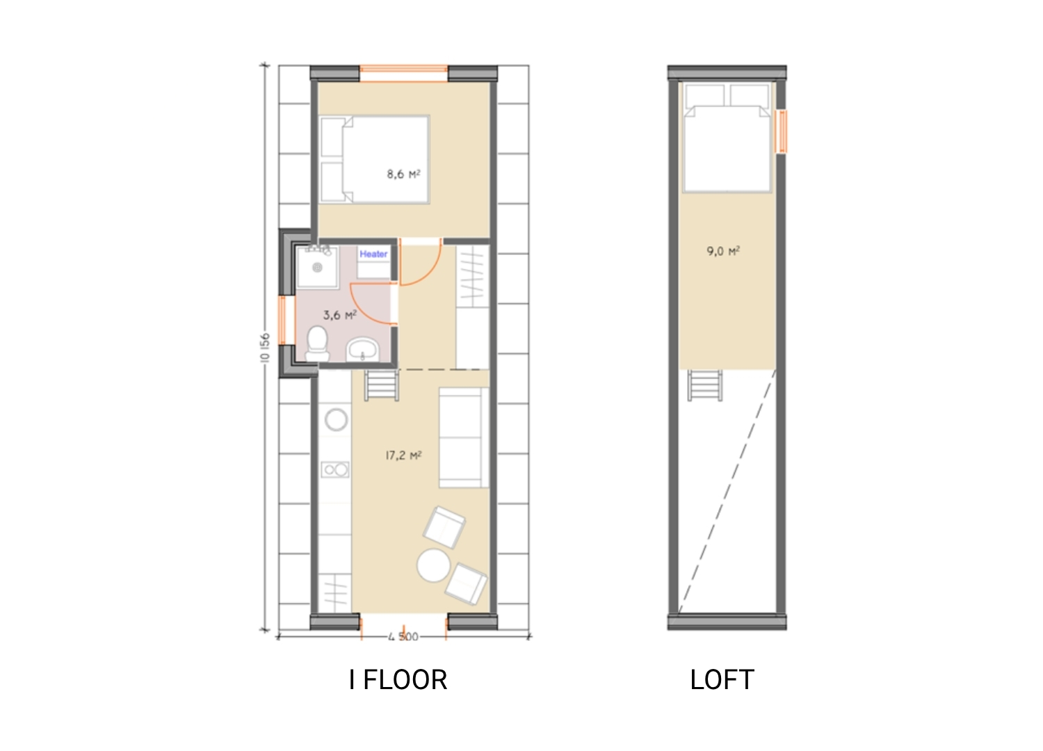 Example floorplans of the Solo+ 100, first floor and loft