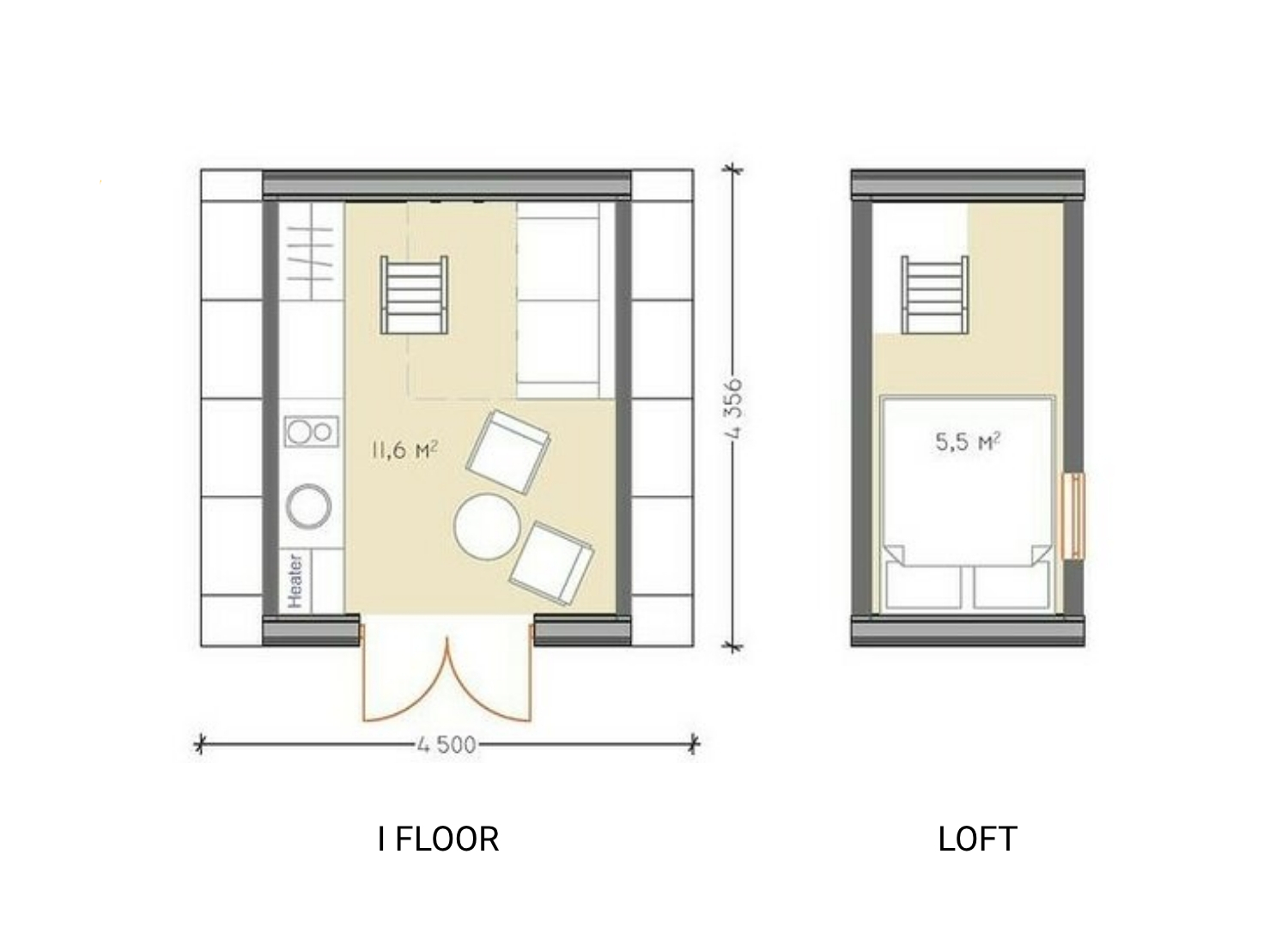 Example floorplans of the Solo+ 42, first floor and loft