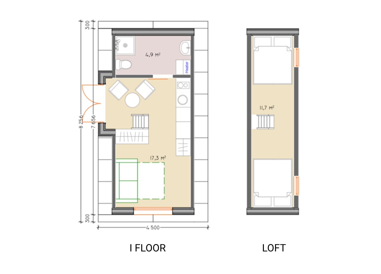 Example floorplans of the Solo+ 75, first floor and loft