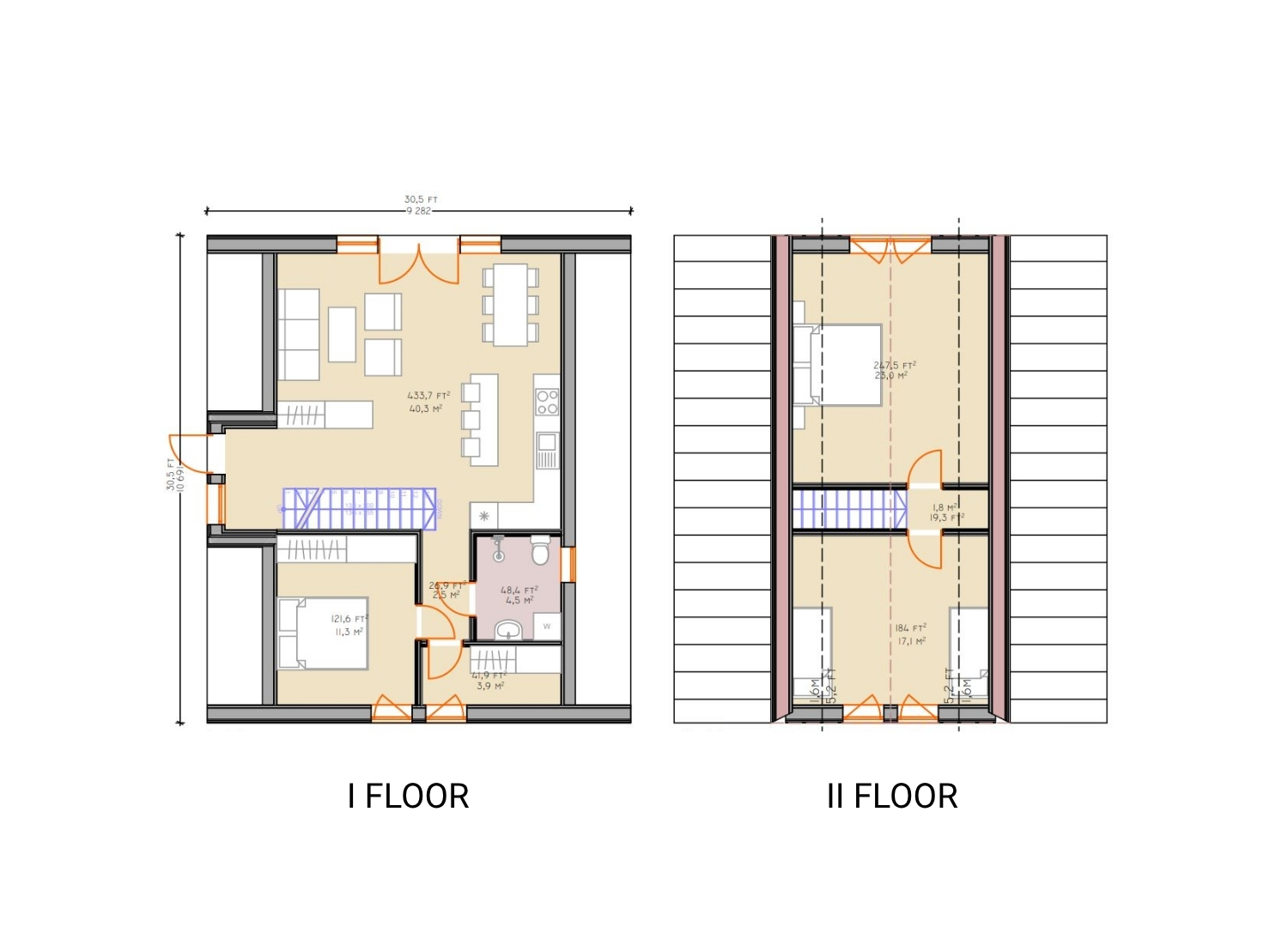 Example floorplans of the Trio 100, first floor and loft