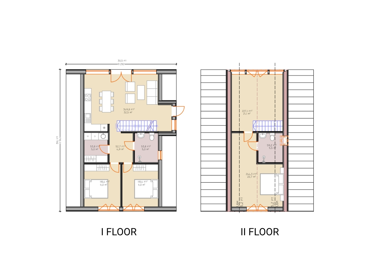 Example floorplans of the Trio 120, first floor and loft