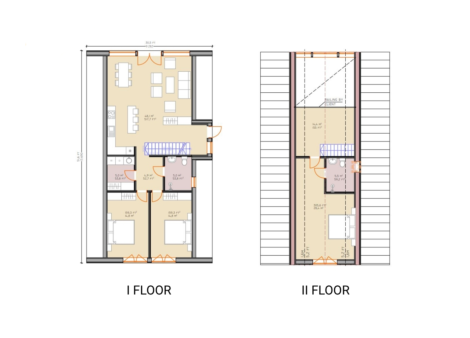 Example floorplans of the Trio 150, first floor and loft
