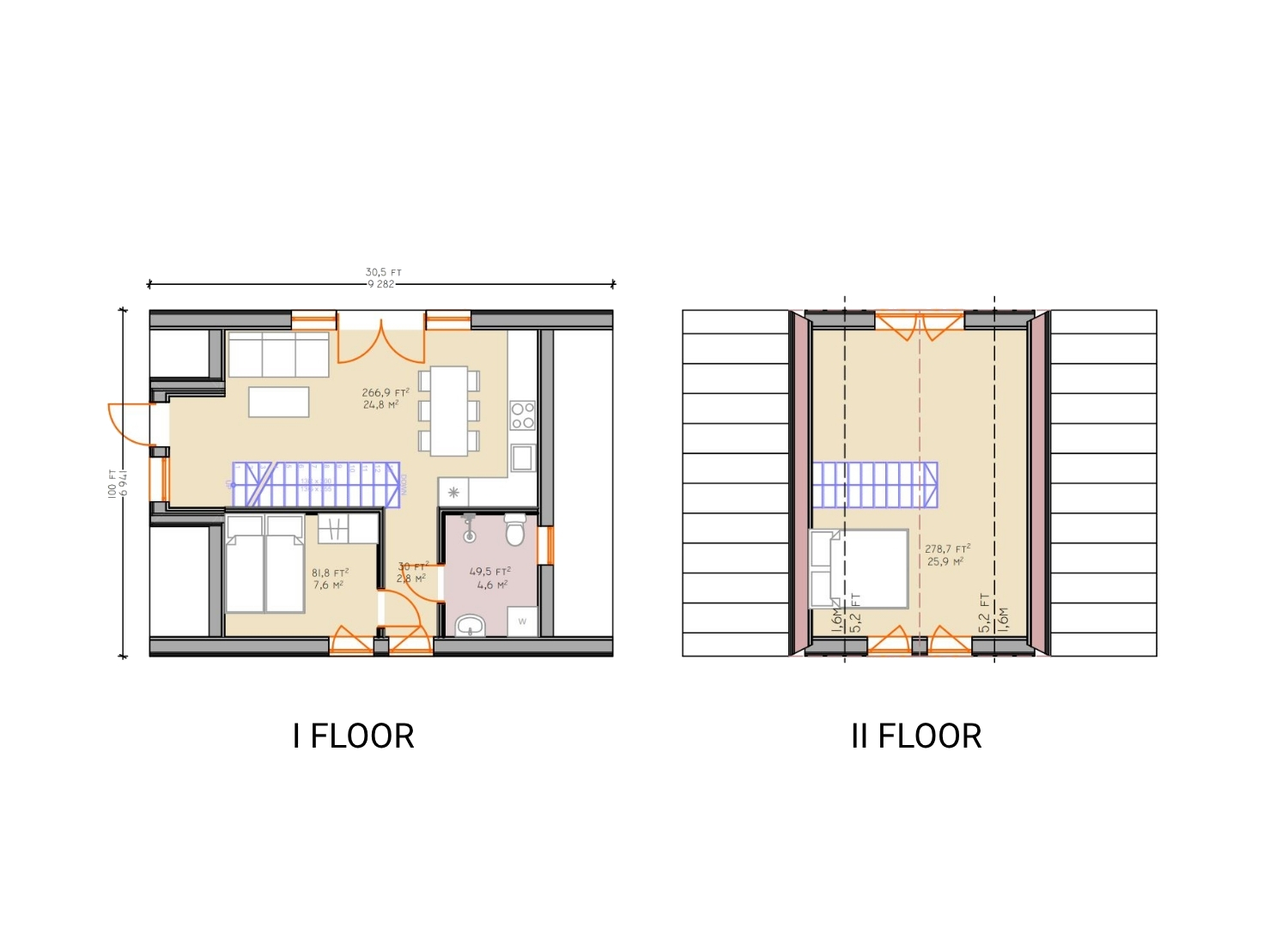 Example floorplans of the Trio 57, first floor and loft