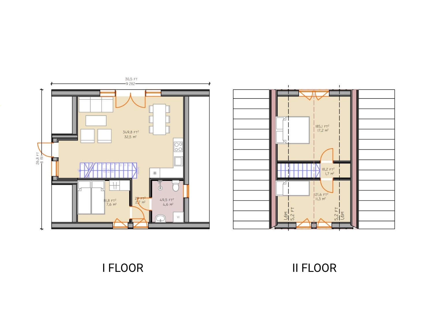 Example floorplans of the Trio 75, first floor and loft