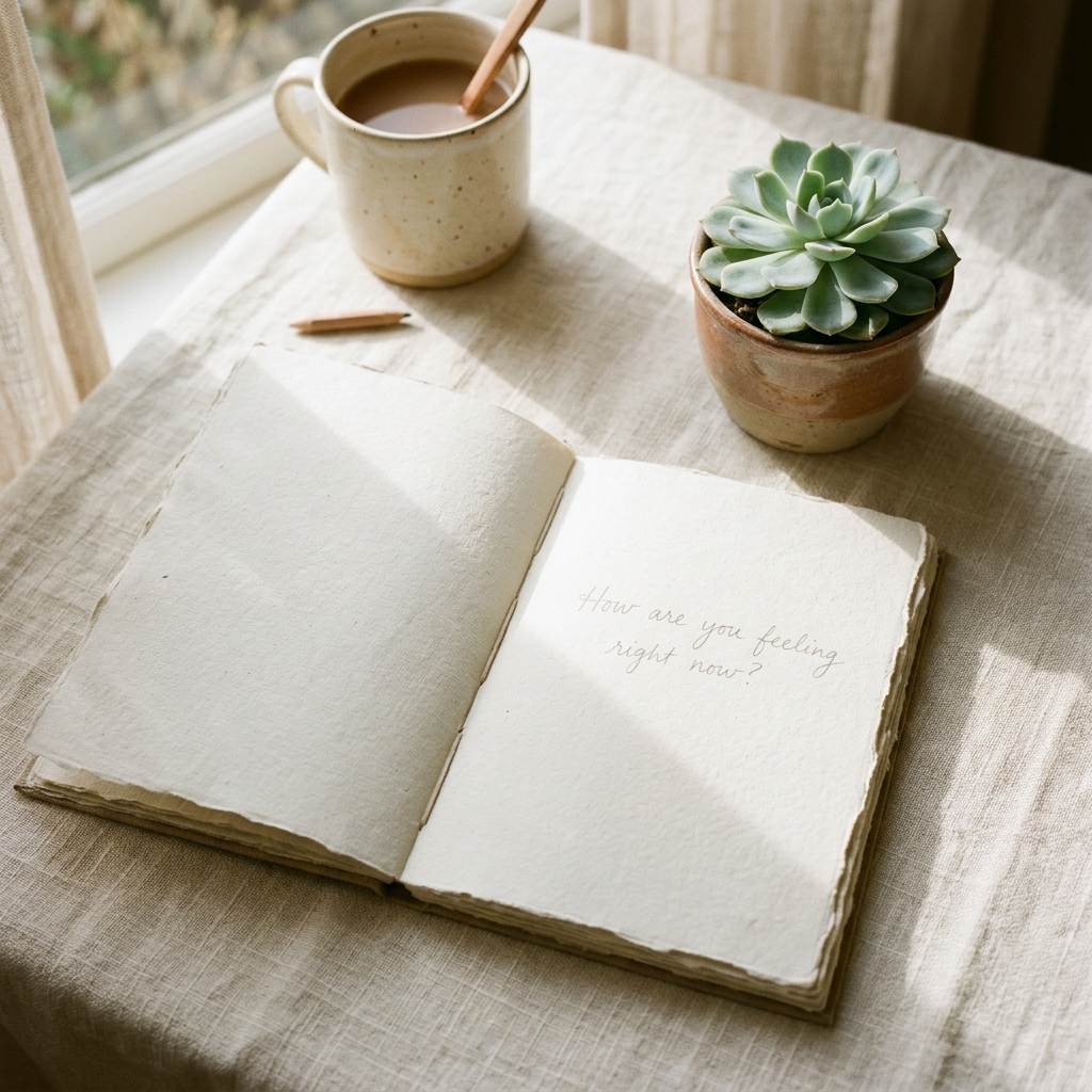 An open journal on a warm linen surface with a small plant beside it