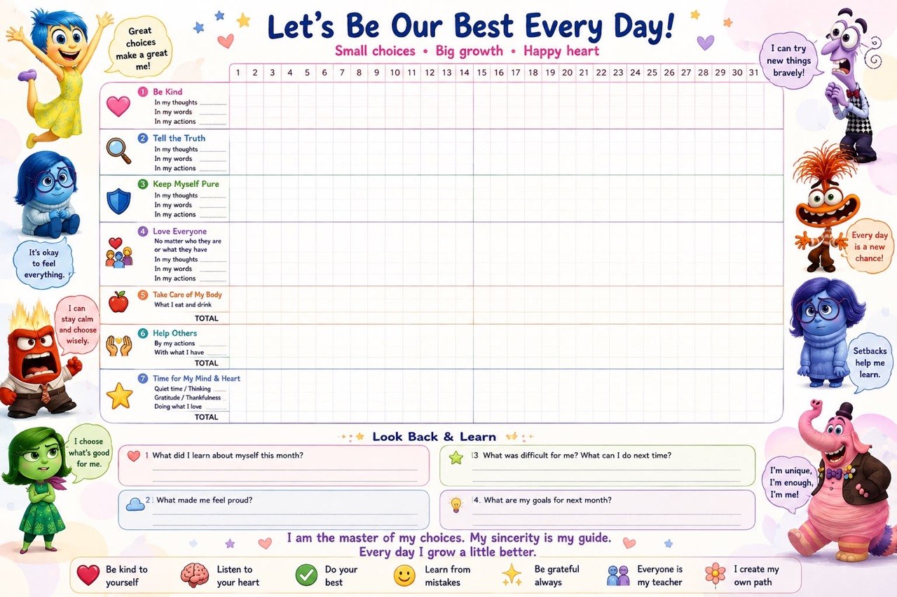 The Let's Be Our Best Every Day! daily journal — seven daily practices tracked across a full month, with a Look Back & Learn reflection panel