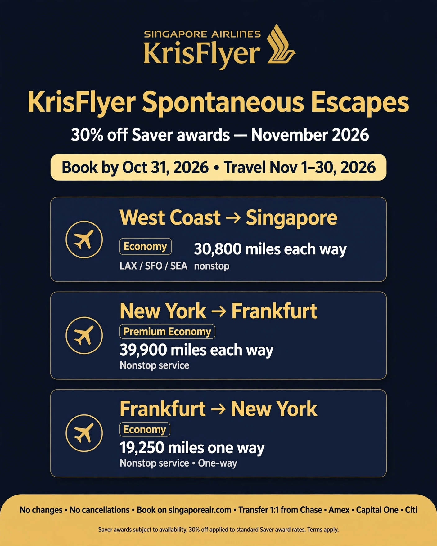 Singapore's 30% Saver Sale Ends October 31: New York–Frankfurt for 39,900 Miles, West Coast–Singapore for 30,800