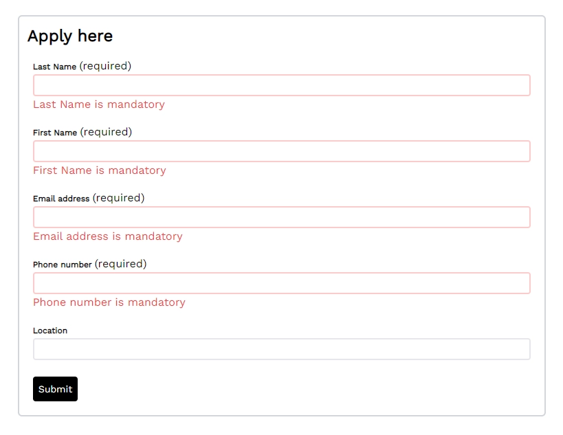 form validation error in next js