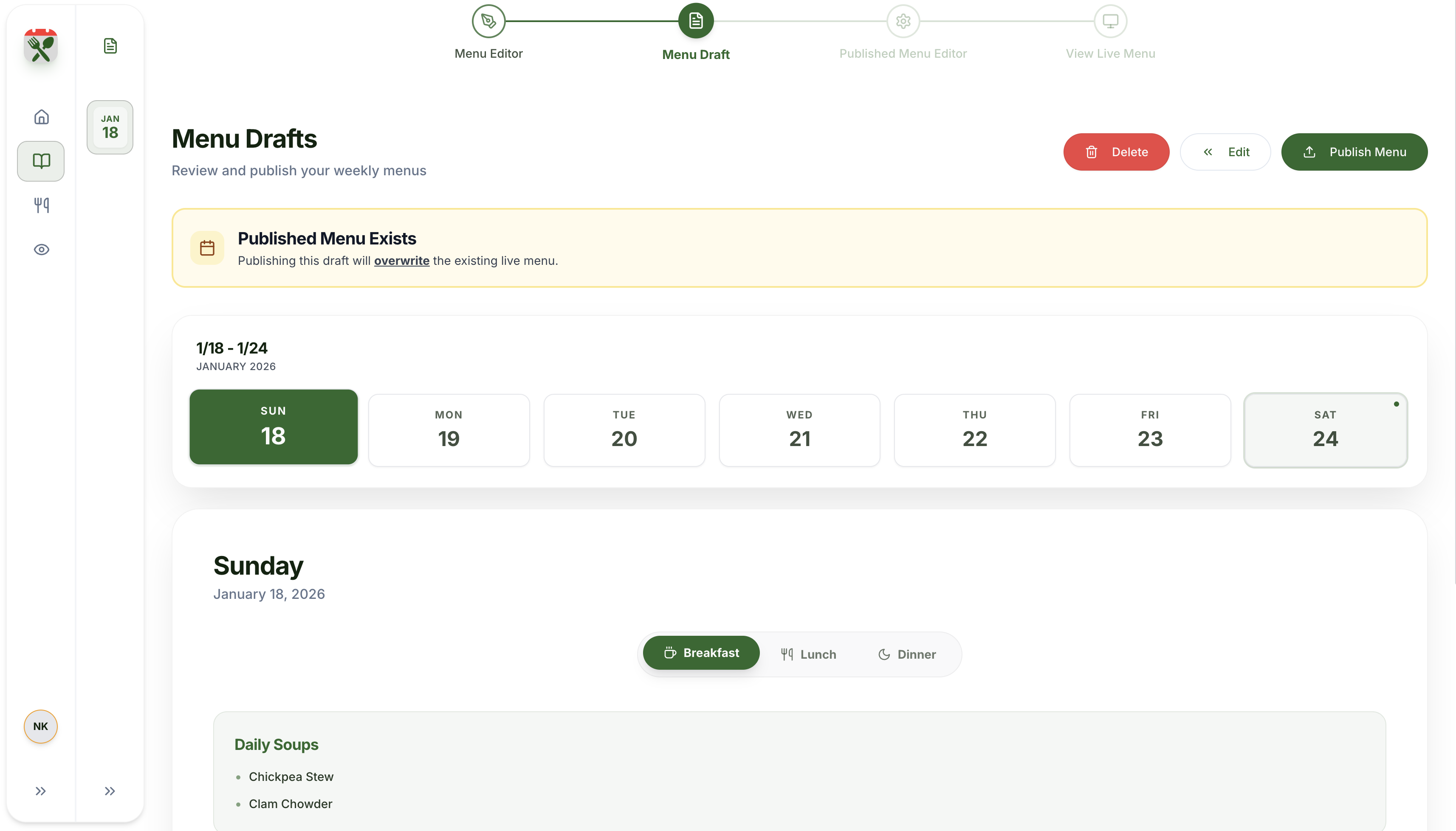 Menu Drafts Overview