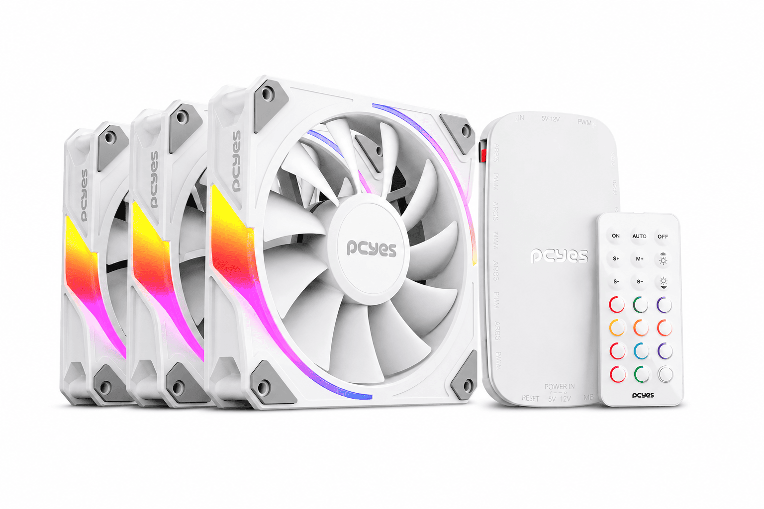 KIT COOLER FAN PCYES SANGUE FRIO 3 WHITE GHOST 120x120x25mm 3 FANS + CONTROLE REMOTO + CONTROLADORA ARGB - K3ARGBSF3WGBR