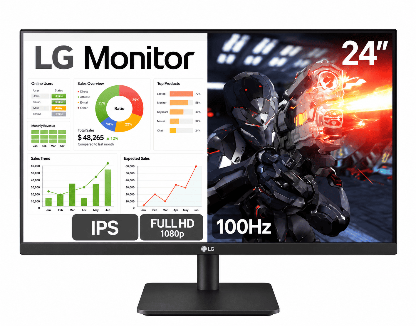 MONITOR LG 24" LED / FULL HD / IPS / 2x HDMI - P2 / 100HZ / 24MS500-B / PRETO